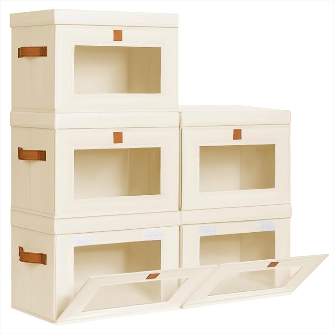 Homsorout Medium Fabric Storage bins - Collapsible Storage Bins with Open Window, 5 Pack Closet Baskets for Shelves, Stackable Decorative Boxes for Home, Dorm, Beige, 13.7"x 9.8" x 9.8"