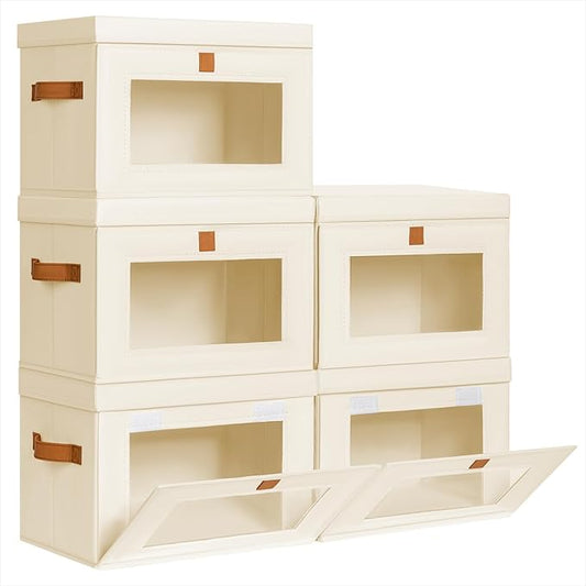Homsorout Medium Fabric Storage bins - Collapsible Storage Bins with Open Window, 5 Pack Closet Baskets for Shelves, Stackable Decorative Boxes for Home, Dorm, Beige, 13.7"x 9.8" x 9.8"