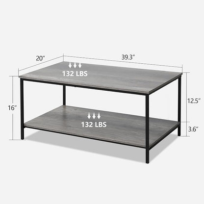 SENIG 2-Tier Coffee Table with Storage Shelf for Living Spaces, Grey Oak Rectangle Wood and Sturdy Metal Side End Table, Functional Center Table for Living Room, 39.3 x 20 x 16