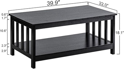 ChooChoo Mission Coffee Table, Black Wood Living Room Table with Shelf, 40 Black