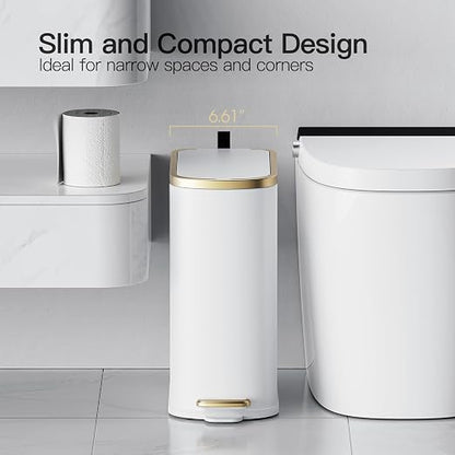 CEROELDA Small Bathroom Trash Can with Lid Soft Close-10L/2.6 Gal Slim Garbage Can-Metal Step Wastebasket-Rectangle Narrow Waste Bin for Office, Bedroom, Toilet, Live Room (White)