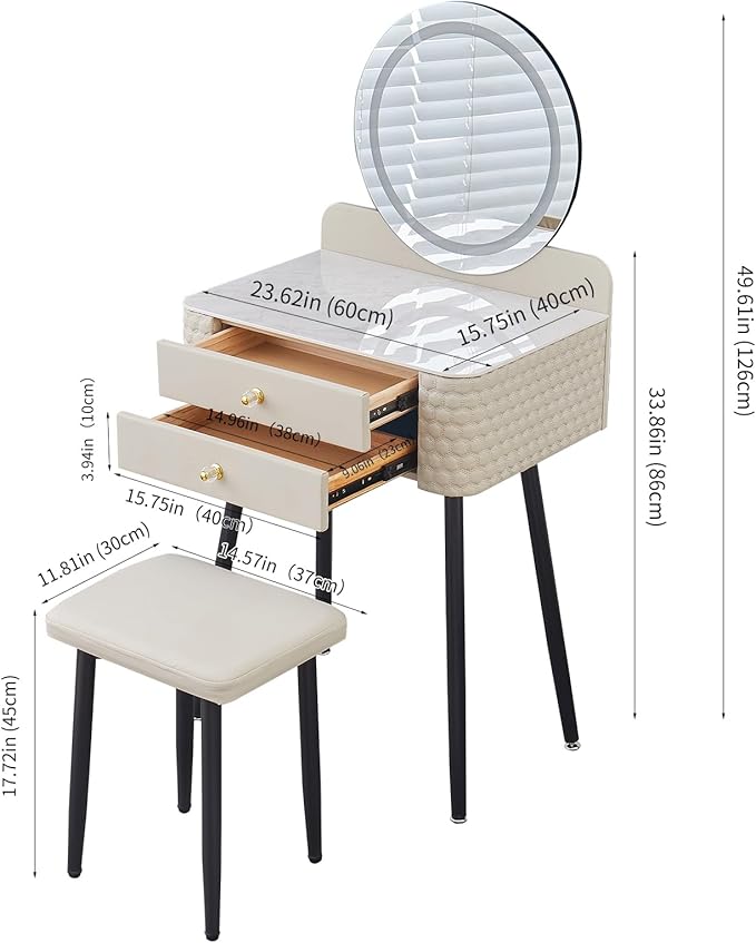 Makeup Vanity with Round Mirror,Light,Two Drawers,Cushioned Stool Set.Small Dressing Table for bedrooms and Dressing Rooms.Beige-Gray