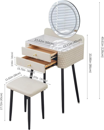 Makeup Vanity with Round Mirror,Light,Two Drawers,Cushioned Stool Set.Small Dressing Table for bedrooms and Dressing Rooms.Beige-Gray