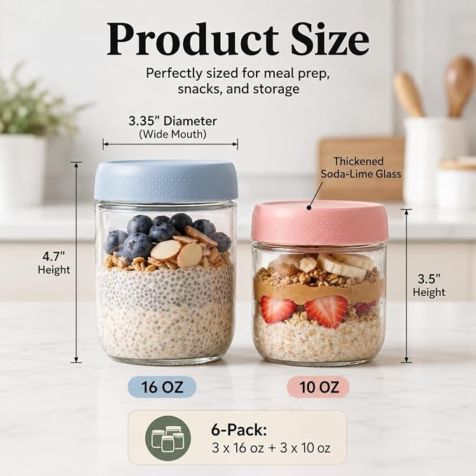 6 Pack Overnight Oats Containers with Screw Lid (3 × 10 oz, 3 × 16.7 oz) 2026 Upgraded High Borosilicate Glass Containers for Snacks Yogurt Spice Sugar, Wide Mouth Mason Salad Jars
