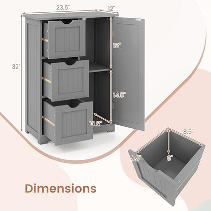 Tangkula Bathroom Floor Cabinet, Freestanding Storage Cabinet with 3 Drawers & Single Door, Adjustable Shelf, Multipurpose Bathroom Storage for Home Office, 23.5 x 12 x 32 Inches (3 Drawers, Grey)
