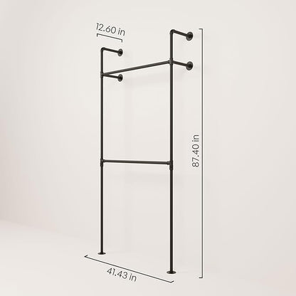 pamo Industrial Pipe Clothing Rack – Wall Mounted Black Closet System in Powder-Coated Steel – 41.4" W × 87.4" H – Easy Setup – Ideal for Walk-In Closets & Retail Use