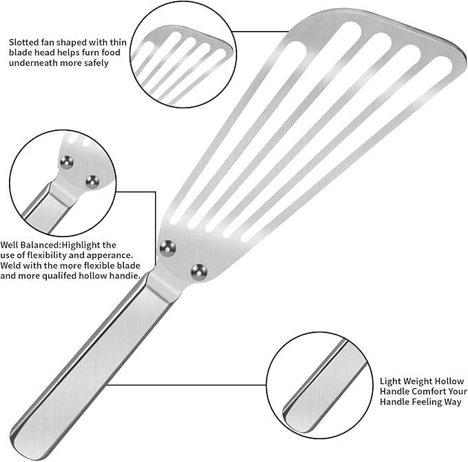 KSENDALO Flexible Stainless Steel Fish Spatula - Slotted Thin Metal Turner with Riveted Handle, Angled Blade & Hollow Grip for Cooking Eggs, Pancakes and Fillets (1 Pack)