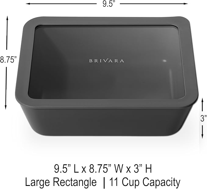 BRIVARA HOME Ceramic Coated Glass Food Storage Container | No PTFE, PFOA, PFAS, and BPA | Reusable Non Toxic Meal Prep Container with Glass Lid | Easy To Store | 11 Cup Rectangle [Onyx]