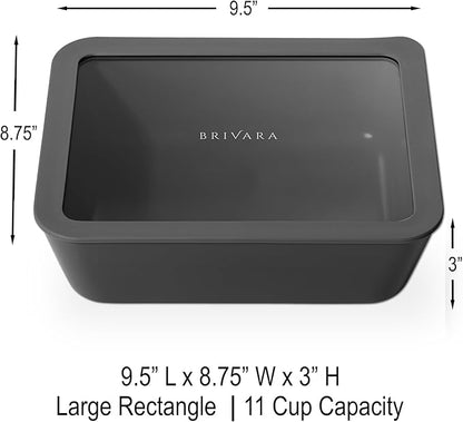 BRIVARA HOME Ceramic Coated Glass Food Storage Container | No PTFE, PFOA, PFAS, and BPA | Reusable Non Toxic Meal Prep Container with Glass Lid | Easy To Store | 11 Cup Rectangle [Onyx]