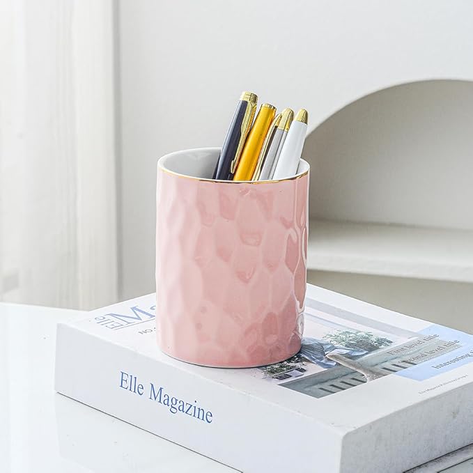 Aesthetic Desk Organizer Set of 2 For Office, Ceramic Pen Holder and Paper Clip Holder Dispenser, Cute Pencil Cup Pot for Desk, Desktop Accessories, Office Decor Makeup Brush Holder (Pink Set)