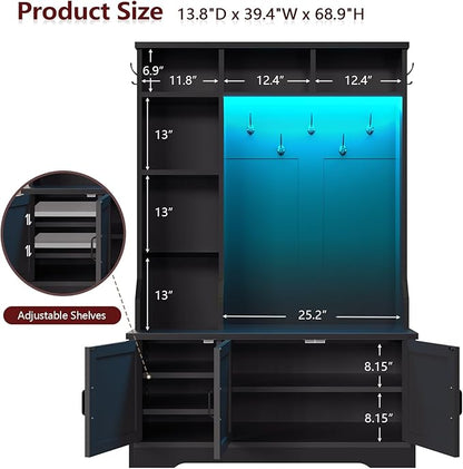 Hall Tree with Bench and Shoe Storage, Farmhouse Entryway Bench with Coat Racks and Led Lights, Black Tall Hall Tree with 7 Coat Hooks, 6 Storage Cubbies, Adjustable Shelf