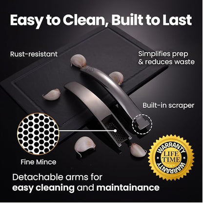 Lifetime Replacement Garlic Press Stainless Steel No Need to Peel, Detachable Handle for Fine Mincing-Premium Garlic Mincer Tool, Rust-Proof, Easy to Clean, Dishwasher Safe Garlic Crusher