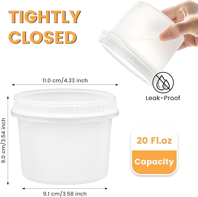 TUZAZO 6 Pack - 20 Oz Food Storage Containers with Screw Lids, Airtight Plastic Small Freezer Storage Container for Ice Cream, Overnight Oats, Snack, Soup, Portion and Meal Prep Container