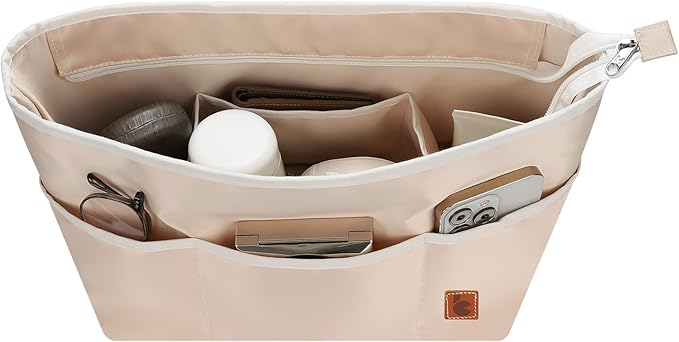 SDANG Purse Organizer Insert with Zipper – Pink Handbag & Tote Bag Organizer | Bag-in-Bag Insert with Pockets for Purses, Totes & Travel(Beige,Large 30)