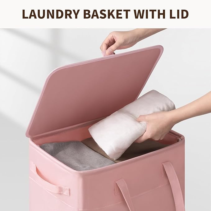 Goodpick Pink Laundry Basket with Wheels and Lid, 75L Rolling Laundry Hamper for Bathroom Bedroom, Collapsible Large Clothes Hamper with Removable Wash Bag, 16.5" x 12.5" x 27.5"