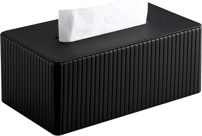 KINGFOM PU Leather Tissue Box Cover Rectangular Tissue Box Holder with Magnetic Bottom, Napkin & Facial Tissue Holder Dispenser for Home, Office (Decorative Pattern-PU Leather, Black Stripe)