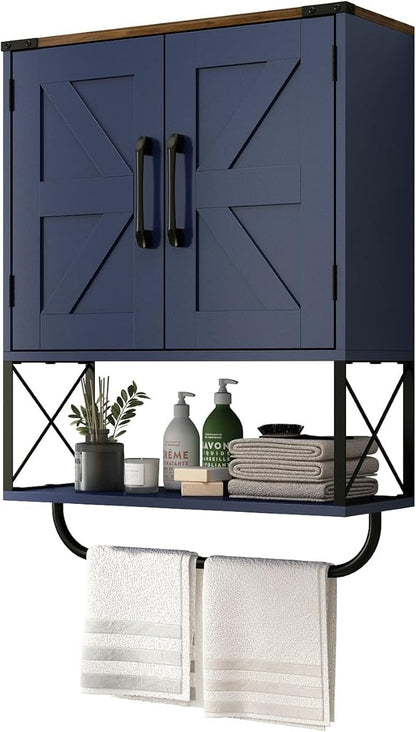 RUSTOWN Farmhouse Medicine Cabinet with 2 Barn Door, Boho Wood Wall Mounted Storage Cabinet with Adjustable Shelf and Towel Bar, 3-Tier Bathroom Cabinet for Bathroom (Navy Blue and Walnut)