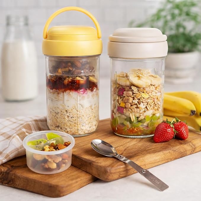 Overnight Oats Containers with Handles & Lids – 16oz Glass Mason Jars with Spoons & Fruit Compartments, Chia Pudding Jars with Lids, 2 Sets (Cream, Yellow)