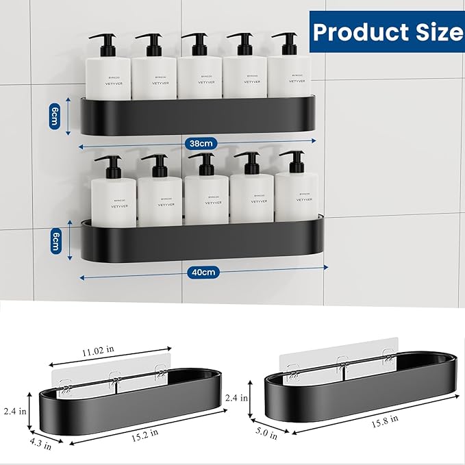 XX Large Adhesive Shower Caddy, 15.8 In Rustproof Metal Bathroom Organizers and Storage with 4 Hooks, No Drilling Shower Shelves for Inside Shower for Bathroom, Dorm and Kitchen(2 Packs)
