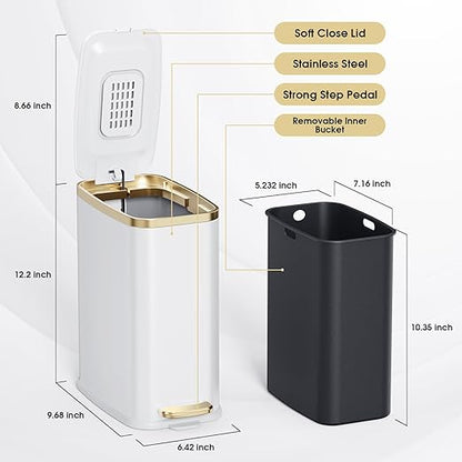 CEROELDA Small Bathroom Trash Can with Lid Soft Close-5L/1.3 Gal Stainless Steel Garbage Can-Step Pedal Wastebasket Slim Trash Bin for Office, Bedroom, Toilet, Live Room-White