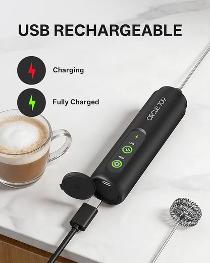 CIRCLE JOY Rechargeable 2-Speed Handheld Milk Frother with Stand, Dual Spring Whisk Electric Foamer, Portable & Detachable Coffee Frother Wand, Drink Mixer for Lattes, Macchiato, Hot Chocolate, Black