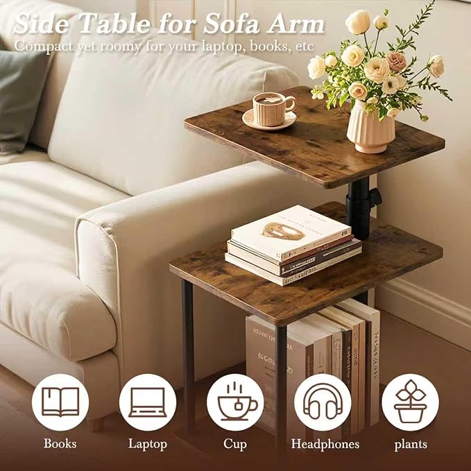 360° Swivel Side Table for Height Adjustable, C Shaped End Table for Couch with Storage, 3-Tier Night Stand with Open Shelf, Tv Tray for Small Spaces, Living Room, Bedroom, Rustic Brown