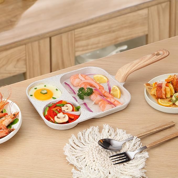 Egg Frying Pan, 3 Section Omelette Pan with Nonstick Coating, Aluminium Alloy, Suitable for Gas and Induction Stove
