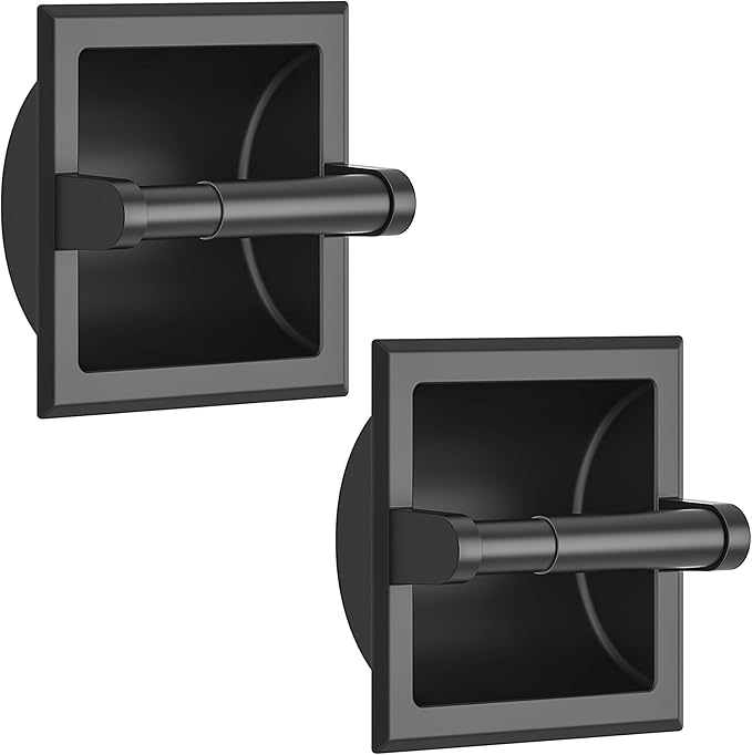 FORIOUS Recessed Toilet Paper Holder, Stainless Steel Durable Tissue Roll Holder Wall Mount for Bathroom Space Saving Design with Mounting Bracket, 2 Pack Matte Black