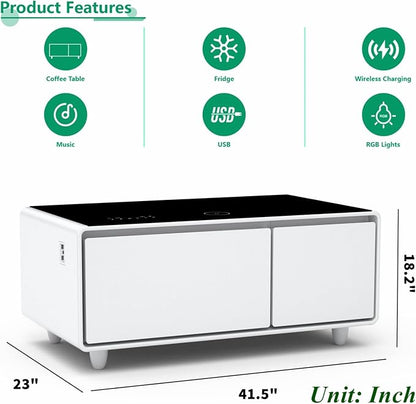 Smart Coffee Table with Fridge and Bluetooth Speakers, Smart Refrigerator Table with 15W Wireless Charger, Touch Control Panel, USB Port, Atmosphere Light and More, LT90 Pro-White