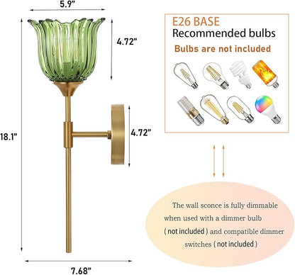 Gold Wall Sconce Set of 2 with Green Glass Shades Modern Mid Century Bathroom Vanity Wall Light Fixtures Industrial Brushed Brass Wall Lamp for Bedroom Mirror Living Room Restaurant