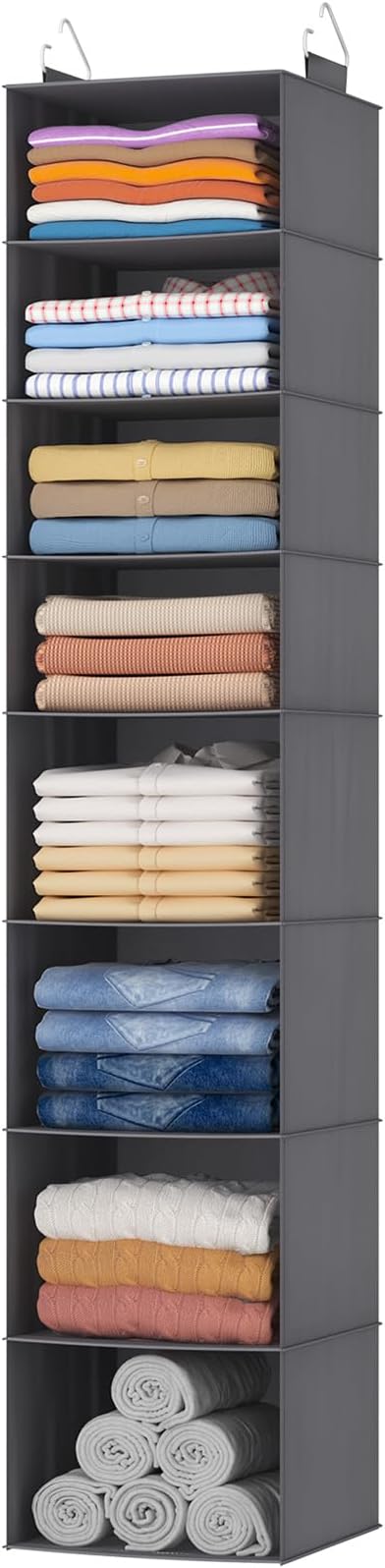 Lifewit 8 Tier Hanging Closet Organizer and Storage for Shelves, 1 Pack Foldable Clothes Shelf with 2 Sturdy Hooks, Sweater/Coat/Shoes Clothing Organization for Wardrobe, Dorm, Bedroom, Gray