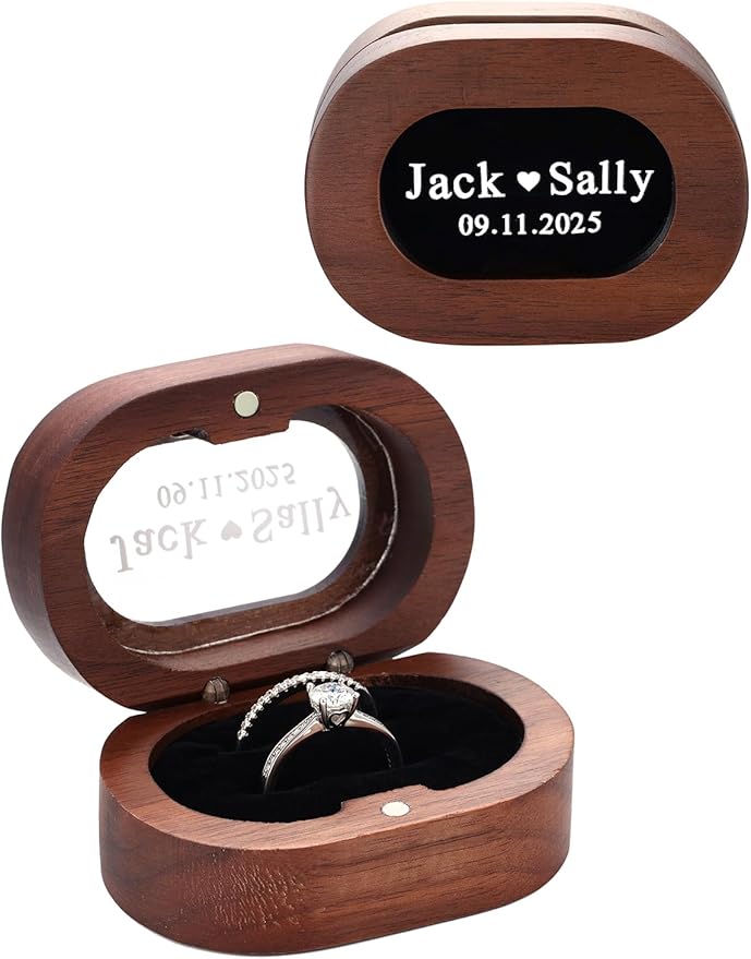 Custom4U Personalized Wooden Ring Box for Ceremony 2 Slots Engagement Ring Holder Box Vintage Wood Ring Bearer Wedding Jewelry Gift