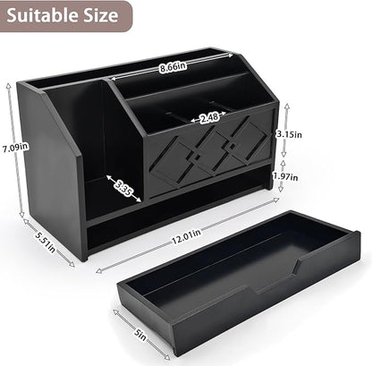 Black Wooden Mail Organizer with Drawer, Three Tiered Desk Accessories for Office Organization and Storage, Stylish Countertop Document Storage, Home/Office/Classroom Supplies (Black01)