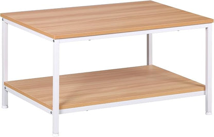 SUPER DEAL 2-Tier Industrial Coffee Table with Storage Shelf for Small Apartment Living Room, Rectangle Wood and Stable Metal TV Stand Side End Table, Natural Wood