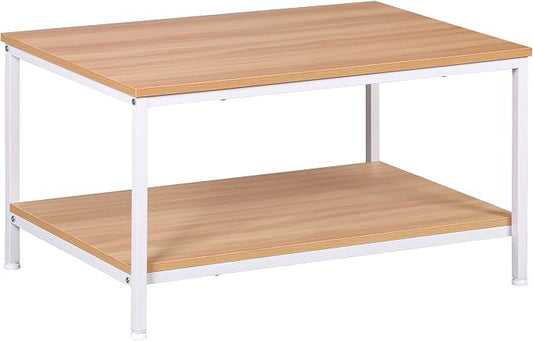SUPER DEAL 2-Tier Industrial Coffee Table with Storage Shelf for Small Apartment Living Room, Rectangle Wood and Stable Metal TV Stand Side End Table, Natural Wood