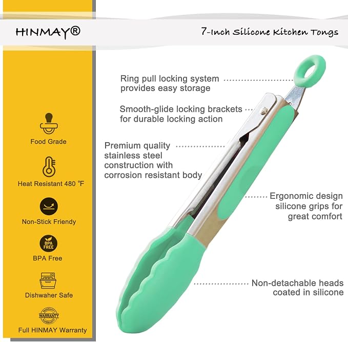 HINMAY Small Tongs with Silicone Tips 7-Inch Serving Tongs, Set of 3 (Pink Mint Yellow)