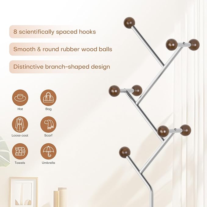 Coat Rack Freestanding, Metal Coat Tree with 8 Rubber Wood Hooks, Heavy Duty Coat Hanger Stand with Marble and Stainless Steel Base, Standing Hall Tree for Clothes, Hats, Bags, Jacket