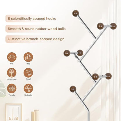 Coat Rack Freestanding, Metal Coat Tree with 8 Rubber Wood Hooks, Heavy Duty Coat Hanger Stand with Marble and Stainless Steel Base, Standing Hall Tree for Clothes, Hats, Bags, Jacket