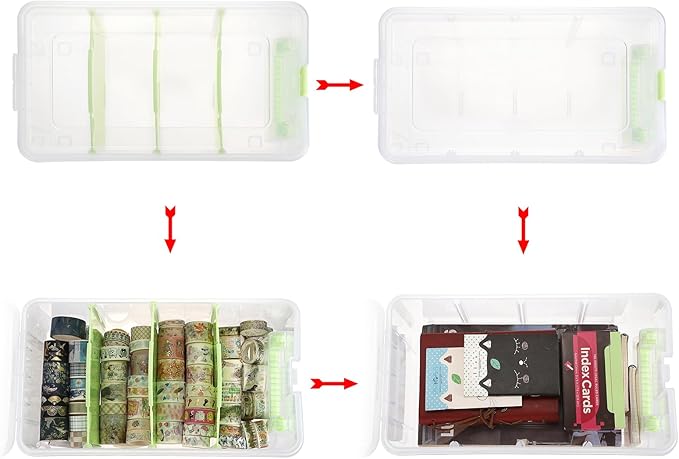BTSKY Clear Plastic Dividing Storage Box with 4 Deep Compartments Adjustable Storage Bin with Lid Portable Craft Container Multipurpose Sewing Box Art Supply Organizer, 13.9x7.9x6.2 Inches, Green