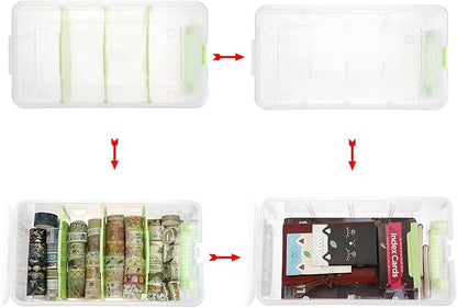 BTSKY Clear Plastic Dividing Storage Box with 4 Deep Compartments Adjustable Storage Bin with Lid Portable Craft Container Multipurpose Sewing Box Art Supply Organizer, 13.9x7.9x6.2 Inches, Green