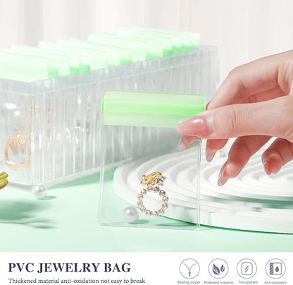 HOMEHIVE Acrylic Jewelry Box Organizer, Clear Jewelry Organizer Holder with 20 Portable Anti Tarnish Jewelry bags, Travel Jewelry Case for Earrings/Rings/Necklaces for Women Girls, Green