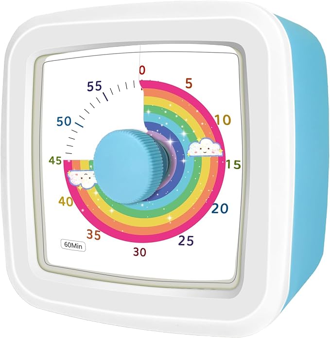 Visual Timer for Kids, 60-Minute Silent Countdown Timer with Rainbow Design, Cube Time Management Tool Timers for Classroom Cooking Homework ADHD, No Loud Ticking Kids Visual Timer,White Blue