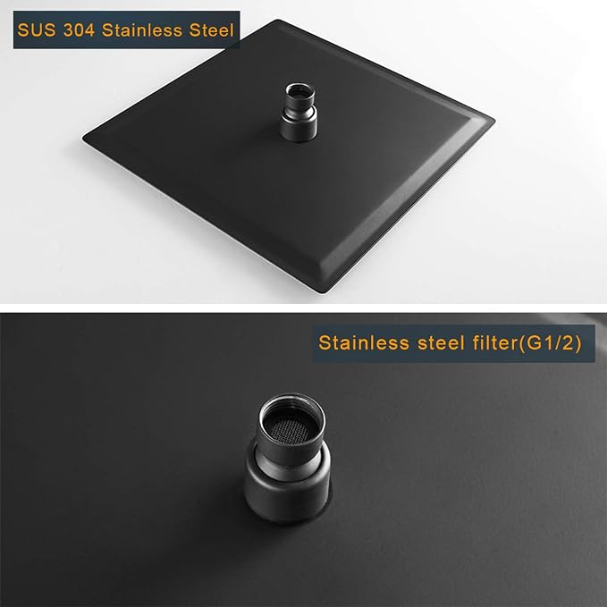 BESy 10 Inch Rain Shower Head, 10" Square Rainfall & High Pressure Stainless Steel Bath Showerhead, 1/16" Ultra Thin, Waterfall Full Body Coverage with Silicone Nozzle, Matte Black Finish