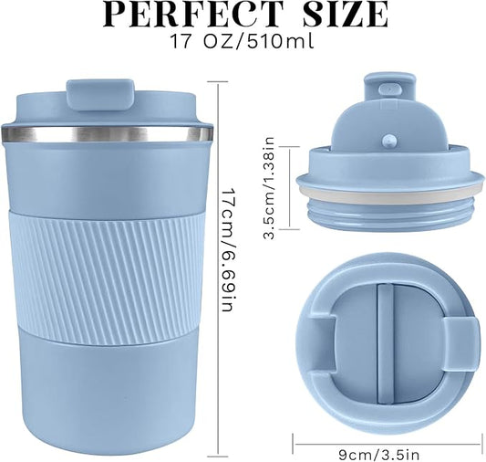 YINBAOGE Insulated Travel Coffee Mug, Spill & Leak Proof, Portable To Go Camping Stainless Steel Coffee Tumbler, Reusable Thermal Coffee Cup with Lid for Hot & Cold Drinks (Light blue, 17 OZ)