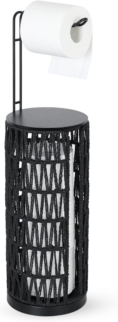 Black Freestanding Toilet Paper Holder with Storage,3 Rolls of Tissue Holder for Bathroom,Handmade Woven Toilet Paper Roll Holder Stand,Rattan Sturdy Boho Bathroom