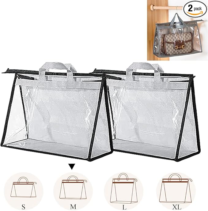 fazhongfa 2PCS Dust Bags for Handbags Clear Purse Storage Organizer Non-Woven Hanging Bag Closet with Zipper and Handle (Medium, Light Grey)