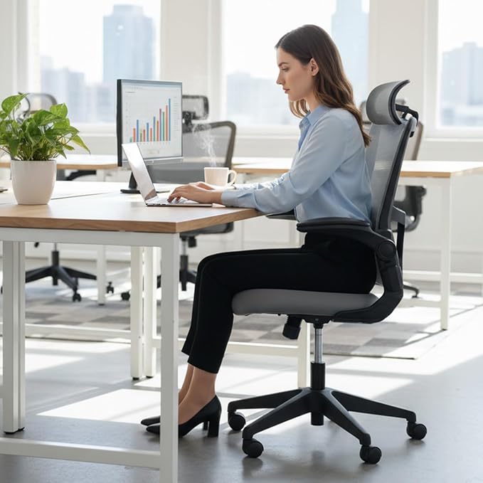 Office Chair, Ergonomic Desk Chair with Adjustable Lumbar Support, High Back Mesh Computer Chair with Flip Up Armrests and Headrest, Executive Task Chair for Home Office Study, 300LBS Capacity