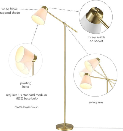 Globe Electric 69" Floor Lamp, Swing Arm, Matte Brass Plated, White Tapered Fabric Shade, On/Off Rotary Switch on Socket, 5-Foot Clear Cord, 1-Light, 40W E26/Medium Base Bulb
