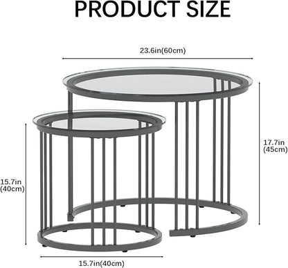 Garden 4 you Nesting Coffee Table, 23.6" Round Coffee Table Set of 2, Glass Nesting Table with Metal Frame, Ceter Tables for Living Room Bedroom Balcony, Grey
