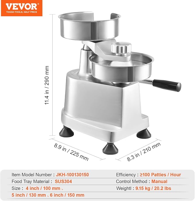 VEVOR Commercial Burger Patty Maker, Hamburger Beef Patty Maker with 3 Convertible Mold(4/5/6-inch), Heavy Duty Stainless Steel Burger Press Machine, Meat Forming Processor with 1500 Pcs Patty Papers